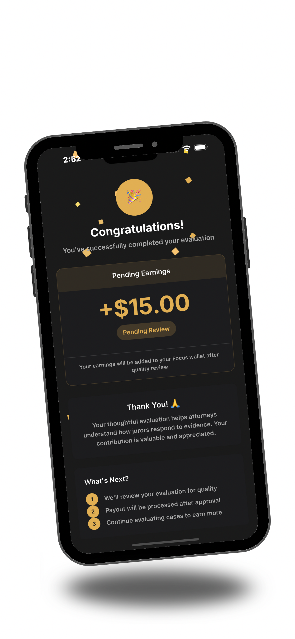 Evaluator app showing completion screen
